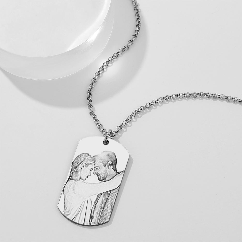 Men's Engraved Stainless Steel Dog Tag Photo Pendant Necklace