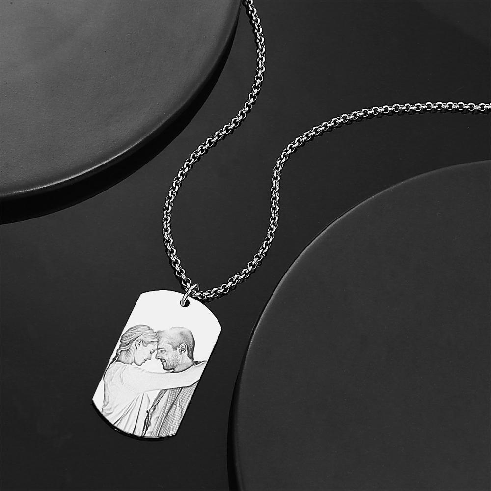 Men's Engraved Stainless Steel Dog Tag Photo Pendant Necklace