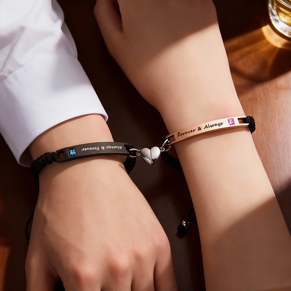 Regali Di San Valentino Set Di Braccialetti Magnetici Per Coppie Con Nome Personalizzato E Pietra Portafortuna Set Di Braccialetti Magnetici Abbinati A Forma Di Cuore Braccialetti Con Ciondolo A Mezzo Cuore Abbinati Personalizzati - 