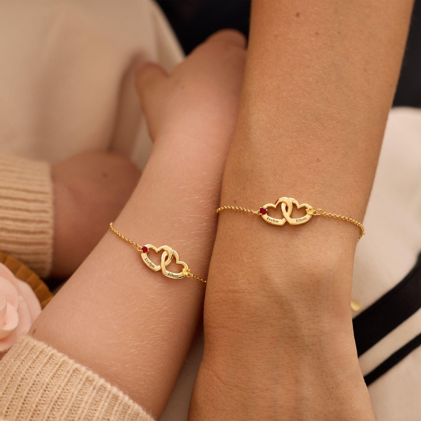 Bracciale Personalizzato Con Nome A Forma Di Cuore Intrecciato, Pietra Portafortuna Incisa, Braccialetto Personalizzato Con Doppio Cuore Per Coppie, Migliori Amici - 
