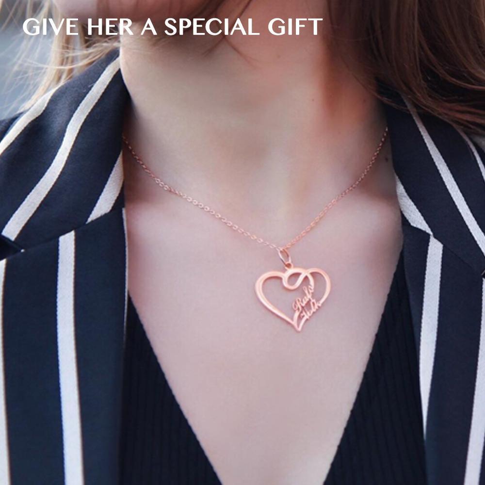 Collana Con Due Nomi A Forma Di Cuore Sovrapposto, Regalo Di Natale Placcato Oro 14k Per Lei - 
