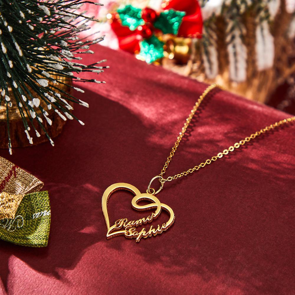 Collana Con Due Nomi A Forma Di Cuore Sovrapposto, Regalo Di Natale Placcato Oro 14k Per Lei - 