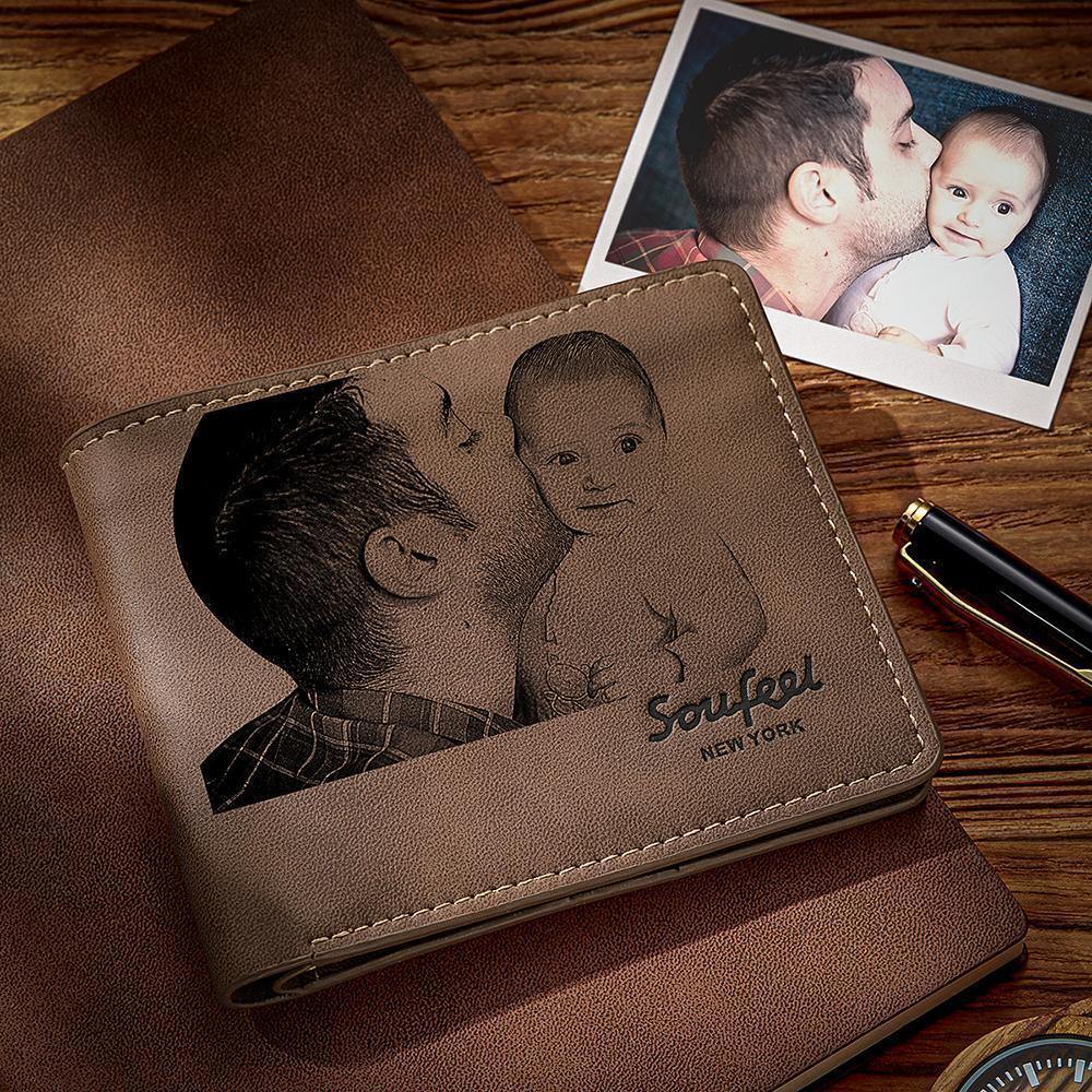 Men's Bifold Custom Inscription Photo Engraved Wallet - Brown Leather - yournamenecklaceuk