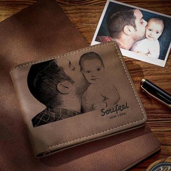 Men's Bifold Custom Inscription Photo Engraved Wallet - Brown Leather - yournamenecklaceuk