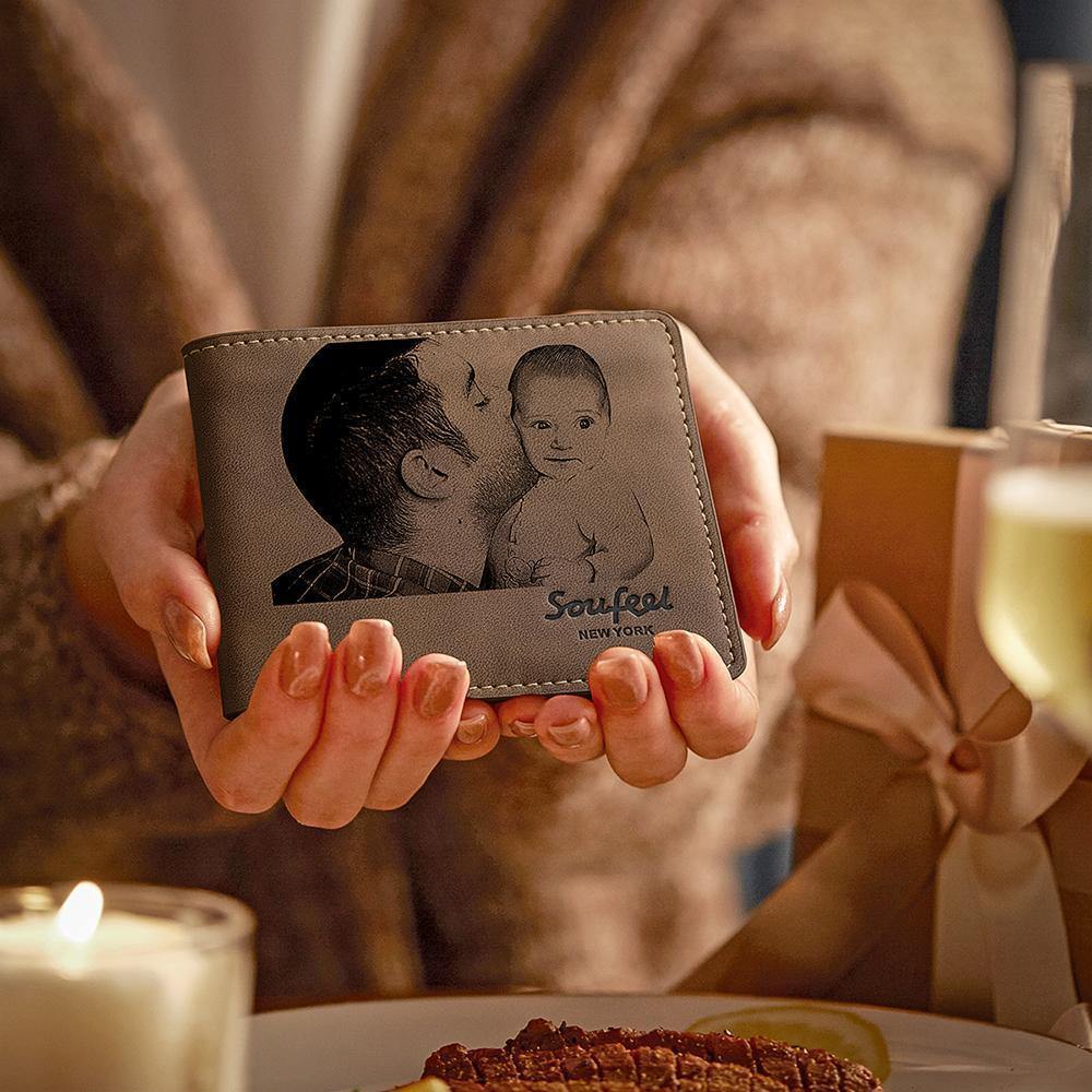 Men's Bifold Custom Inscription Photo Engraved Wallet - Brown Leather - yournamenecklaceuk