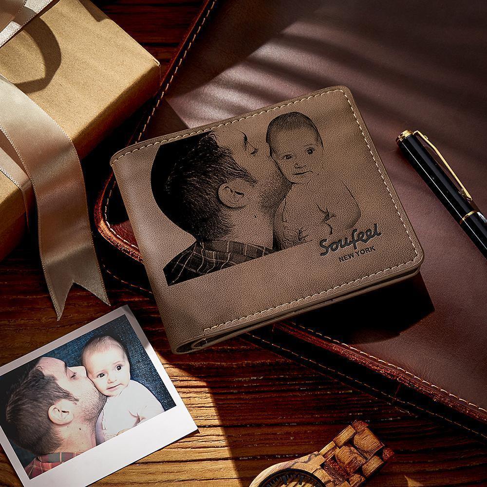 Men's Bifold Custom Inscription Photo Engraved Wallet - Brown Leather - yournamenecklaceuk