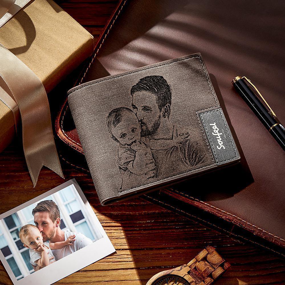 Men's Bifold Custom Inscription Photo Engraved Wallet - Coffee Leather - yournamenecklaceuk