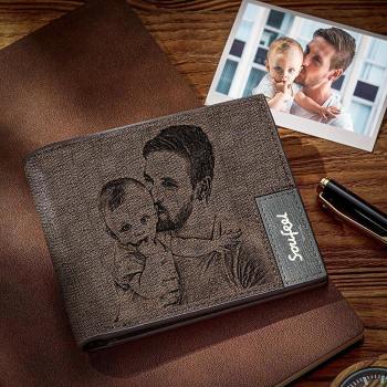 Men's Bifold Custom Inscription Photo Engraved Wallet - Coffee Leather - yournamenecklaceuk