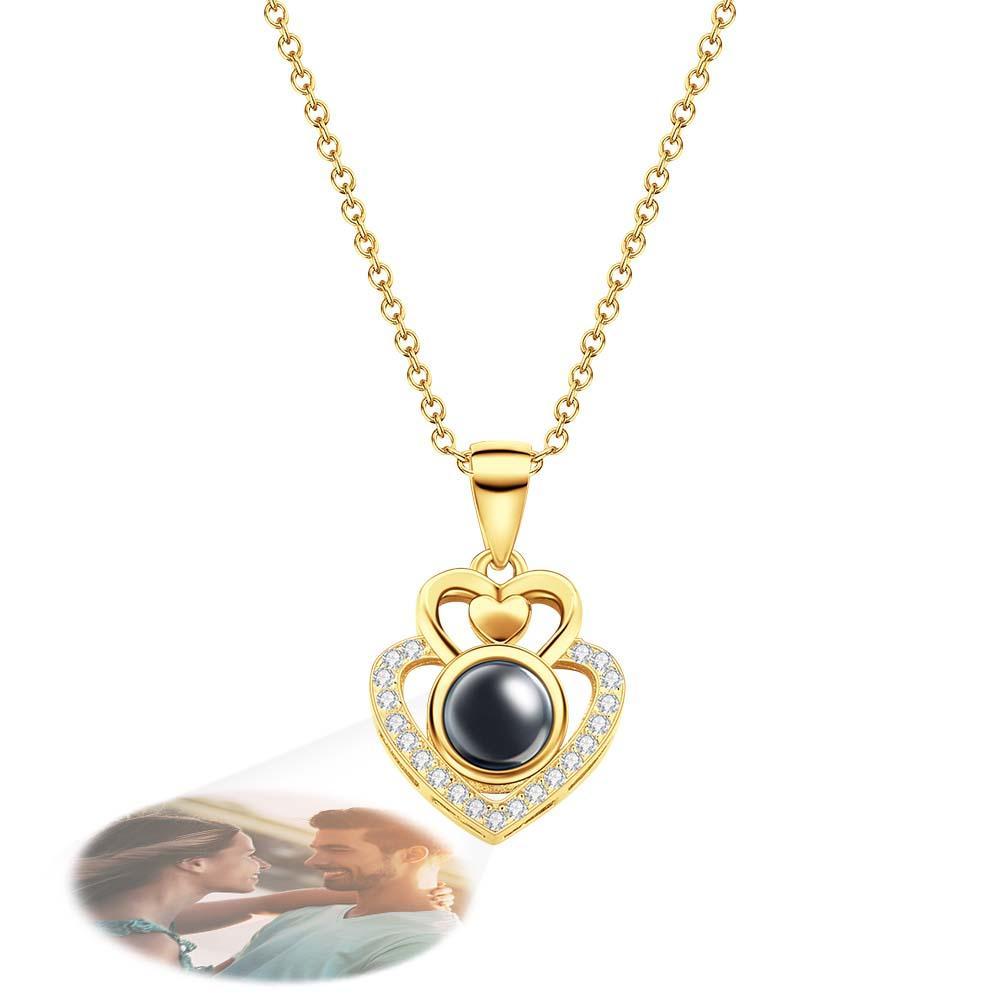 Collana Con Proiezione Fotografica Personalizzata, Doppio Cuore, Regali Romantici Per Coppie - tuacollananome