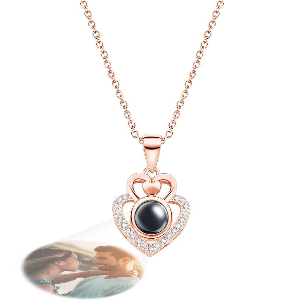 Collana Con Proiezione Fotografica Personalizzata, Doppio Cuore, Regali Romantici Per Coppie - tuacollananome