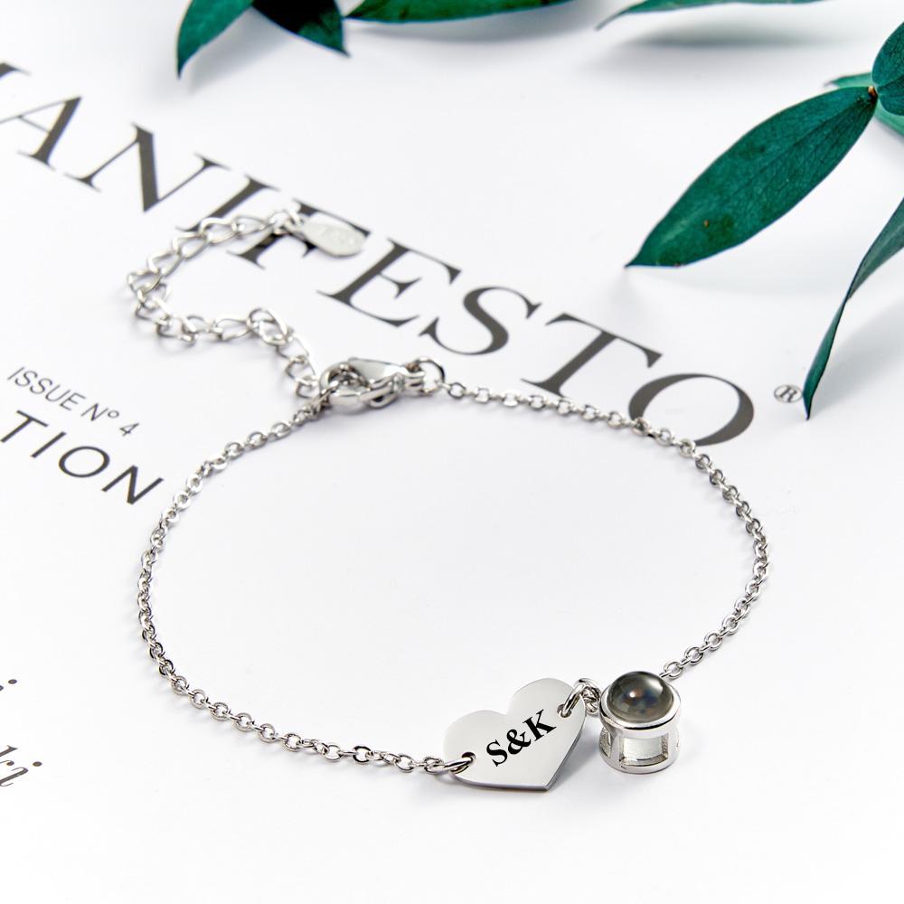 Bracciale Personalizzato Per Proiezione Di Foto Con Iniziali Incise, Braccialetto A Forma Di Cuore, Regalo Per Lei - tuacollananome