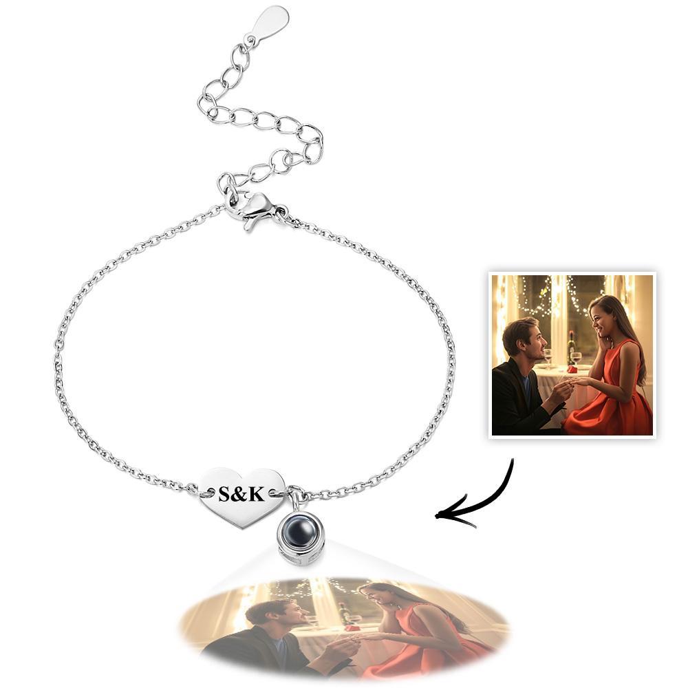 Bracciale Personalizzato Per Proiezione Di Foto Con Iniziali Incise, Braccialetto A Forma Di Cuore, Regalo Per Lei - tuacollananome