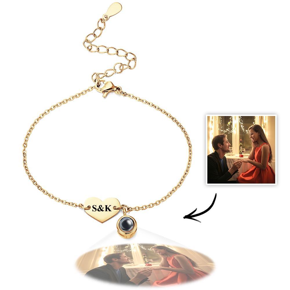 Bracciale Personalizzato Per Proiezione Di Foto Con Iniziali Incise, Braccialetto A Forma Di Cuore, Regalo Per Lei - tuacollananome