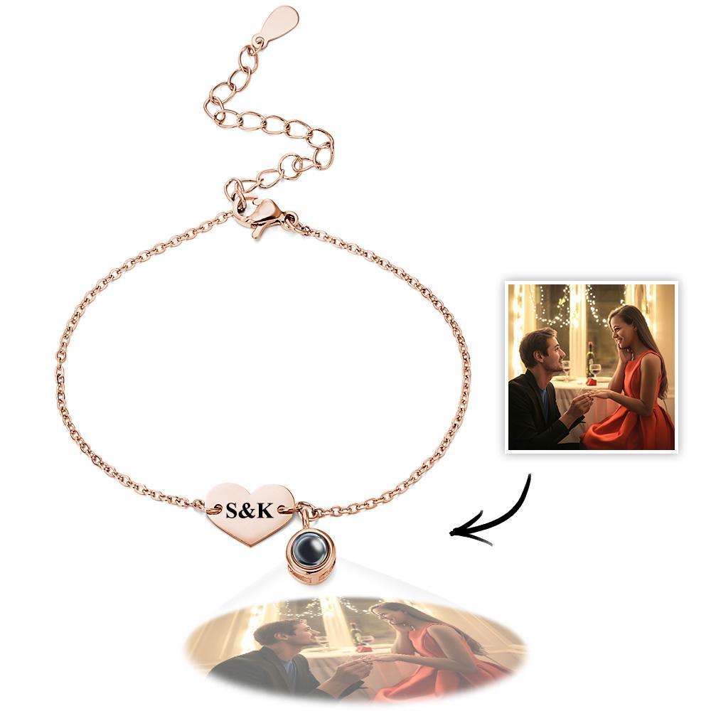 Bracciale Personalizzato Per Proiezione Di Foto Con Iniziali Incise, Braccialetto A Forma Di Cuore, Regalo Per Lei - tuacollananome