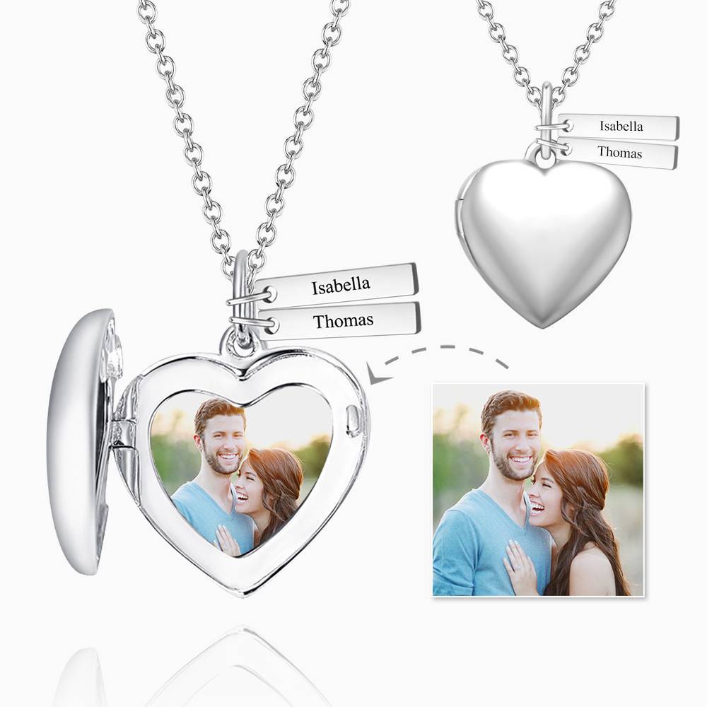 Personalized Heart Photo Locket Necklace With Engraving Name Platinum Plated