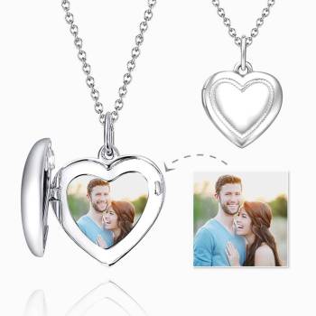 Heart Printing Photo Locket Necklace With Engraving Platinum Plated