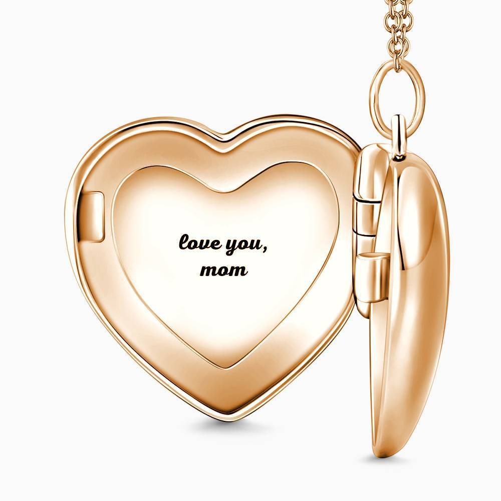 Heart Printing Photo Locket Necklace With Engraving Rose Gold Plated
