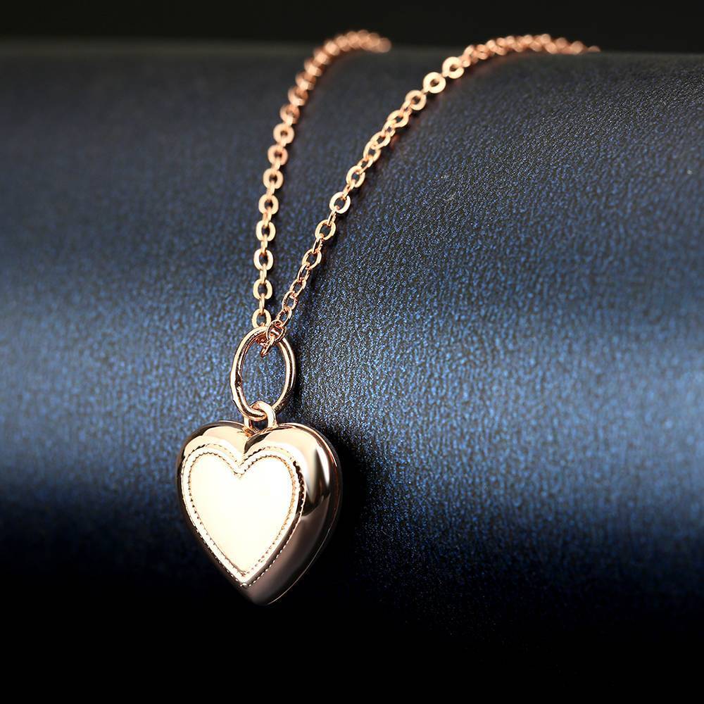 Heart Printing Photo Locket Necklace With Engraving Rose Gold Plated