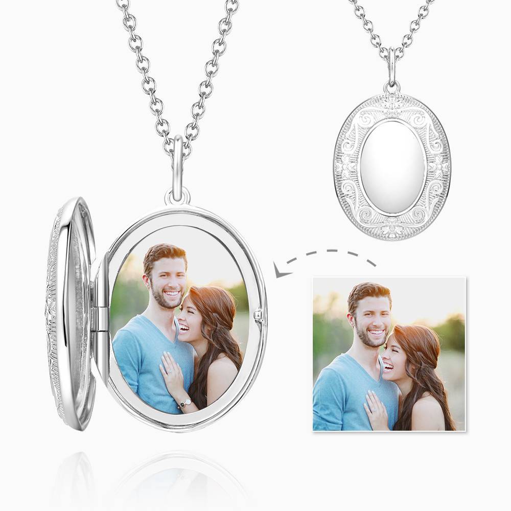 Embossed Oval Photo Locket Necklace With Engraving Platinum Plated