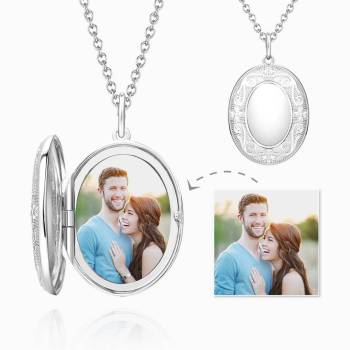 Embossed Oval Photo Locket Necklace With Engraving Platinum Plated