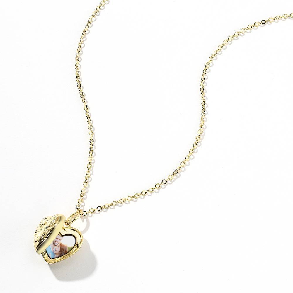 Embossed Cross Printing Heart Photo Locket Necklace With Engraving 14k Gold Plated