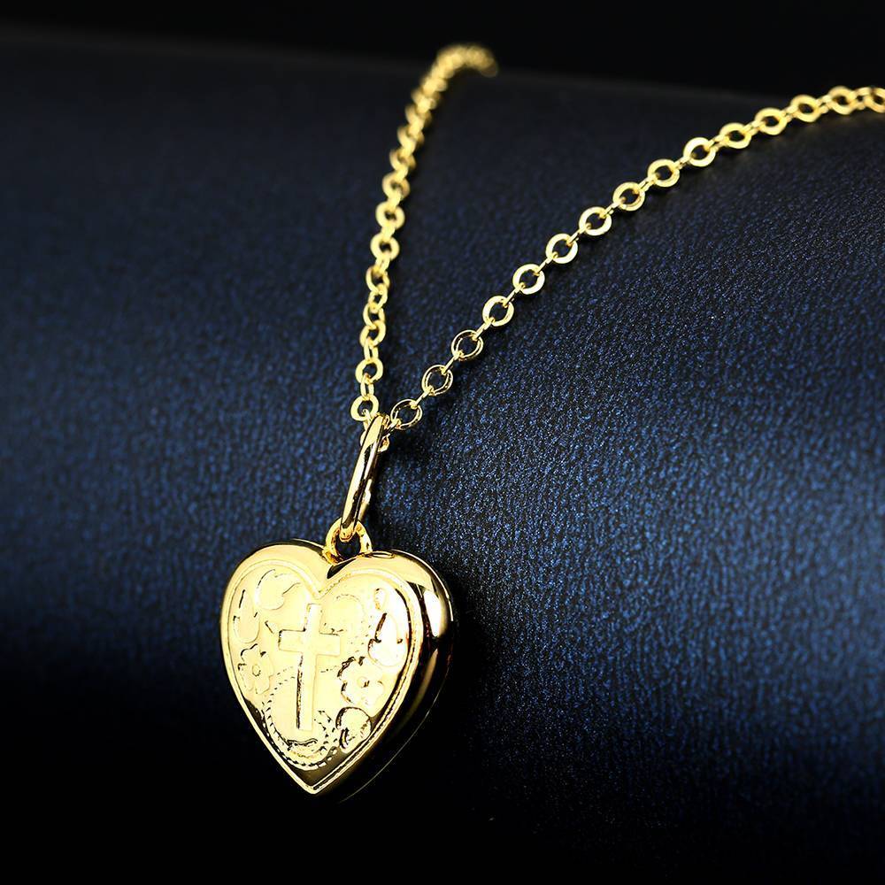 Embossed Cross Printing Heart Photo Locket Necklace With Engraving 14k Gold Plated