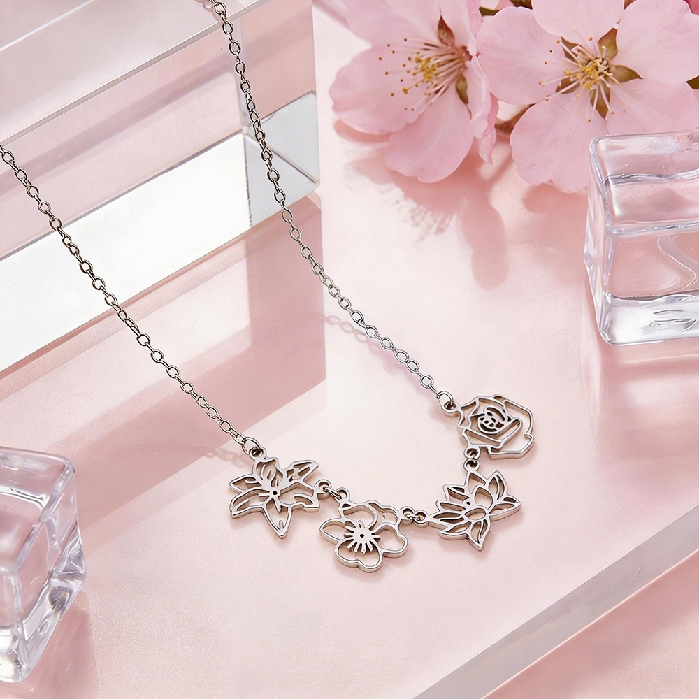 Collana Personalizzata Con Fiore Di Nascita E Pietra Portafortuna, Ciondolo Per La Famiglia, Ciondolo Personalizzato Con Fiore Di Nascita, Collana Con Fiore Di Nascita Per La Famiglia - 