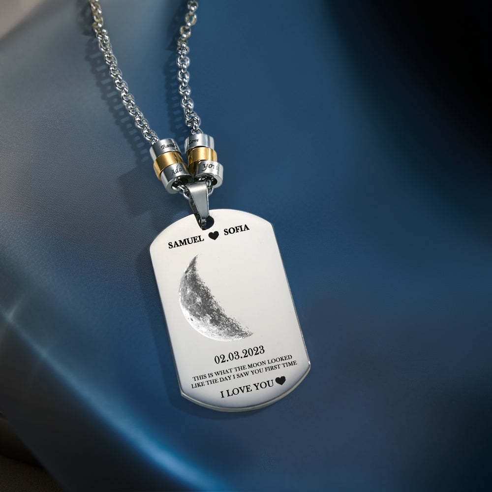 Collana Personalizzata Con Foto Delle Fasi Lunari Con Perline Incise E Ciondolo Tagliente, Regali Per Gli Amanti - tuacollananome