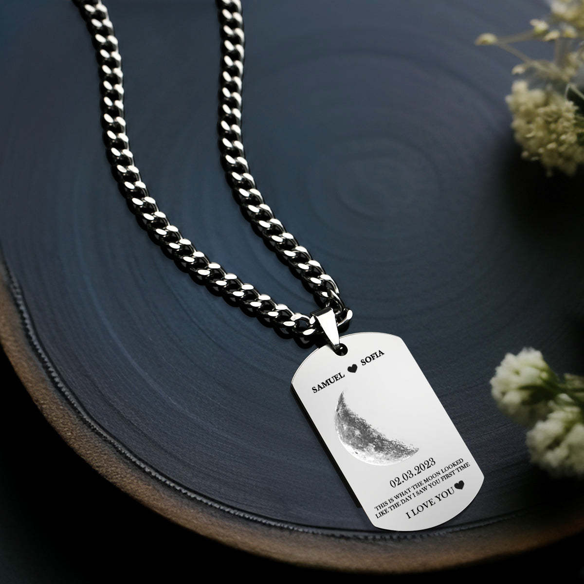 Collana Personalizzata Con Fasi Lunari Con Testo Pendente Moderno, Regali Per Coppie - tuacollananome