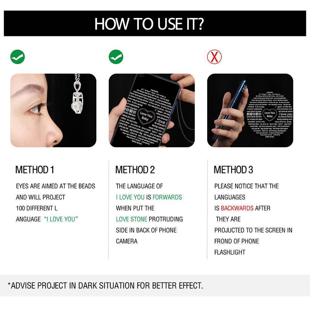 Personalized Engraved With 100 Languages Says I Love You Projection Necklace Round-shaped Rose Gold