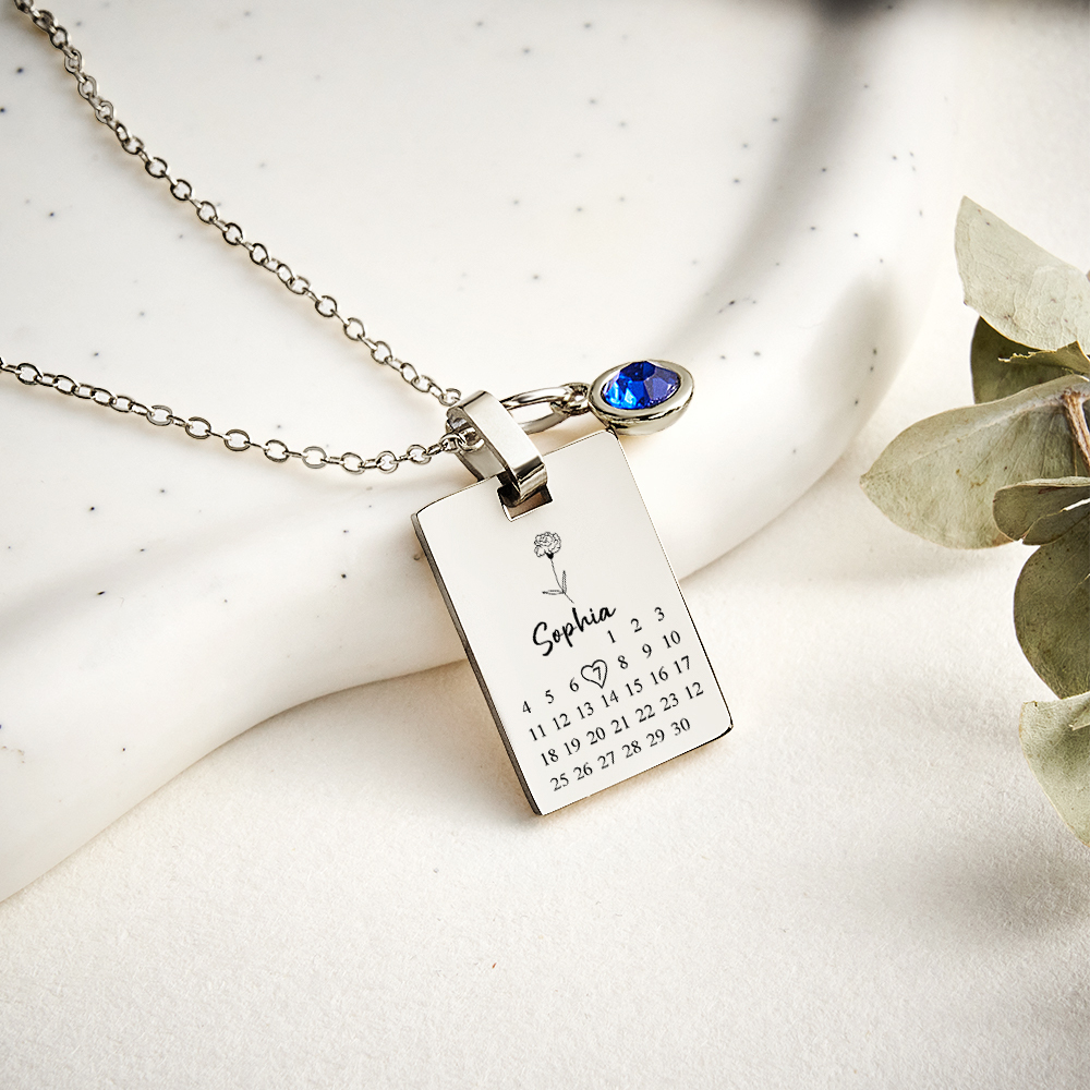 Collana Personalizzata Con Data E Pietra Portafortuna Per Anniversario, Collana Con Calendario Personalizzato E Pietra Portafortuna, Regalo Di Compleanno Per Lei - 
