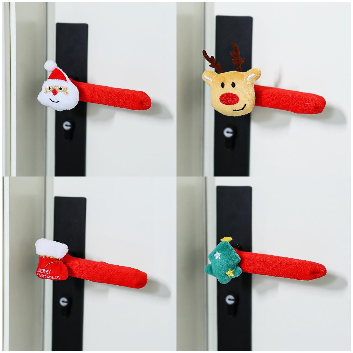 Set Di Quattro Pezzi Per Maniglie Delle Porte Natalizie, Protezioni Decorative Per Maniglie In Maglia, Decorazioni Con Babbo Natale, Renne E Alberi - 