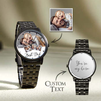 Orologio Da Uomo Con Cinturino In Lega Nera Personalizzato Con Foto Incisa, Regalo Per La Festa Del Papà - tuacollananome