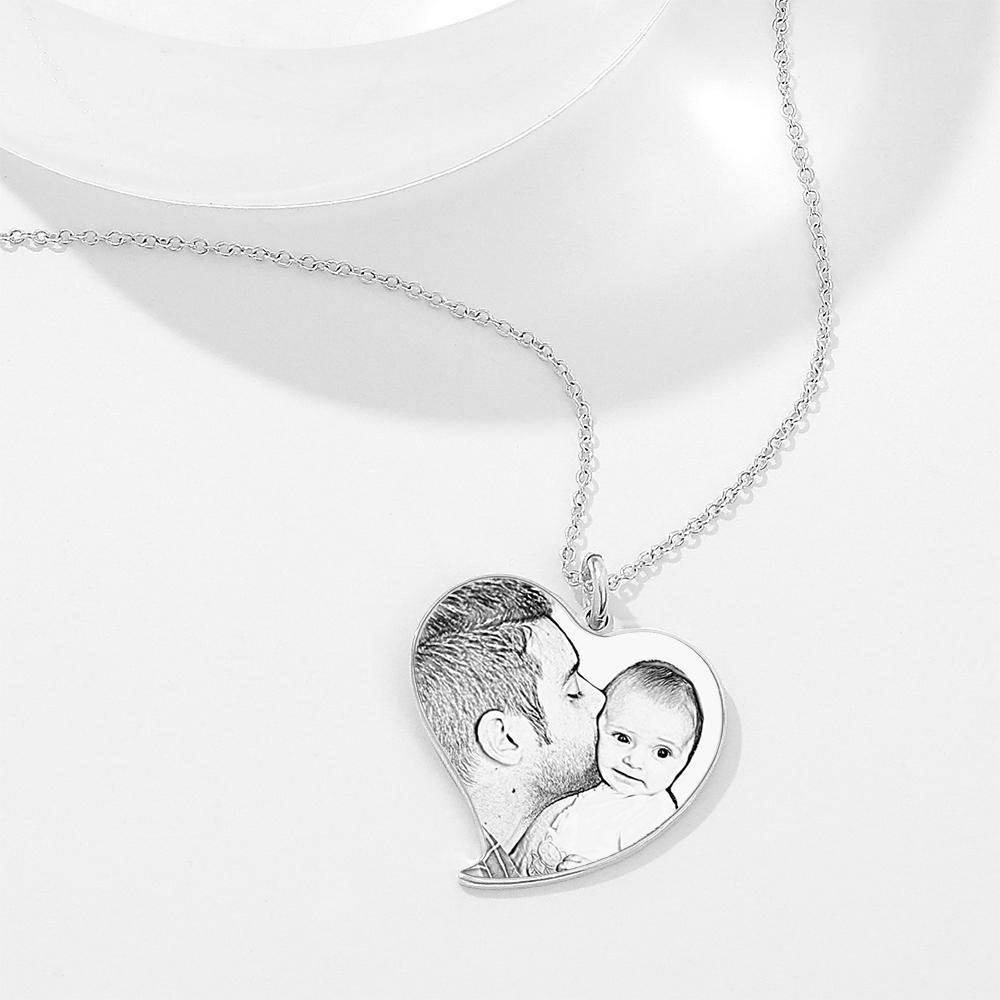 Photo Engraved Heart Memorial Necklace Silver