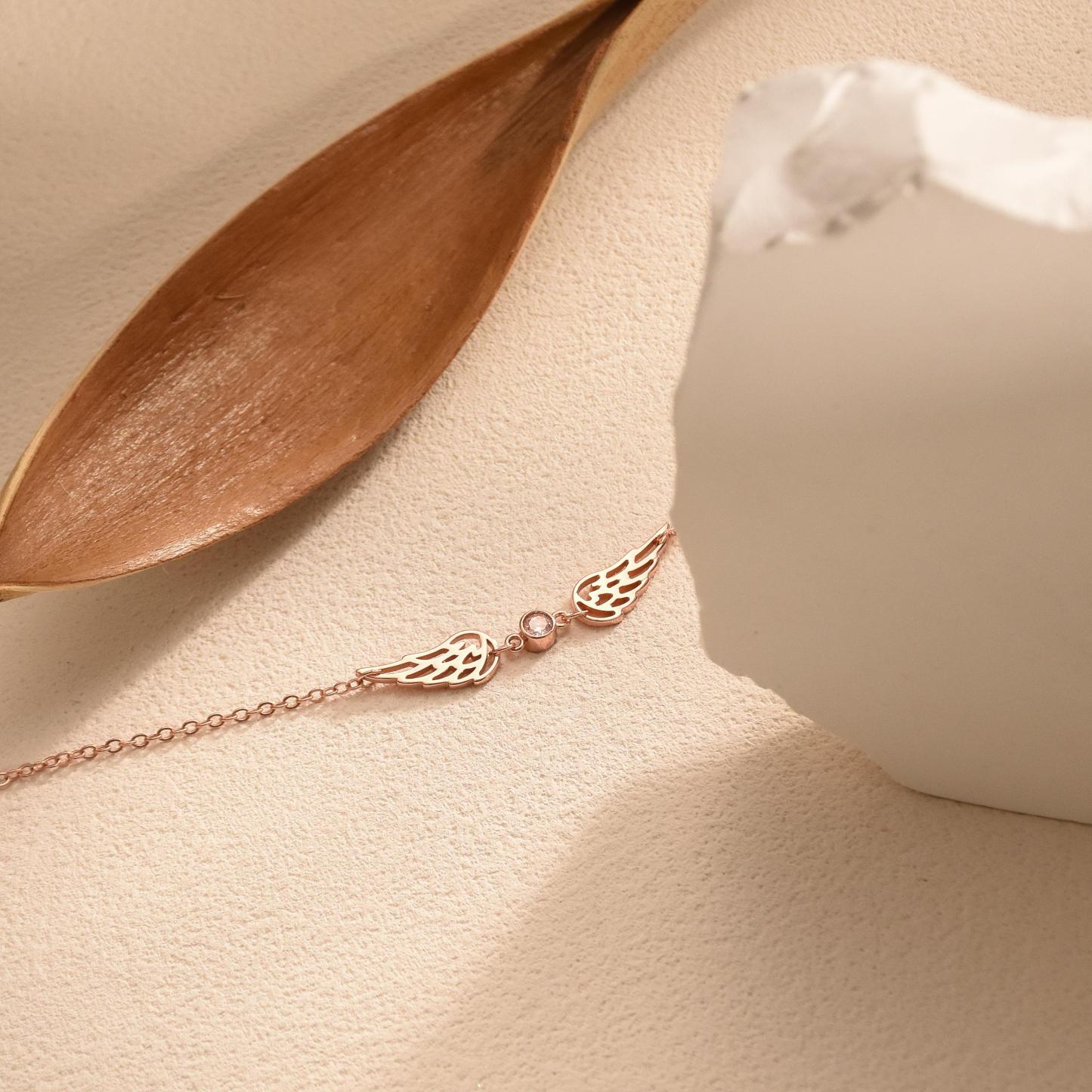 Braccialetto Personalizzato Con Ali D'angelo E Pietra Portafortuna, Bracciale Regolabile Con Gemma Per Il Mese Di Nascita, Ciondolo Con Ala D'angelo Custode E Pietra Portafortuna - 