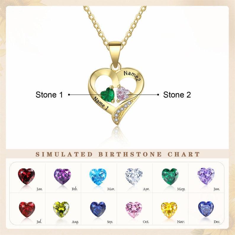 Collana Personalizzata In Argento Sterling Con Cuore E Due Nomi E Pietre Portafortuna Collana Personalizzata Con Cuore E Nome E Pietra Portafortuna Collana Con Cuore E Doppio Nome Inciso - 