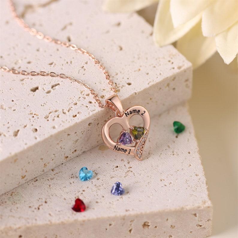 Collana Personalizzata In Argento Sterling Con Cuore E Due Nomi E Pietre Portafortuna Collana Personalizzata Con Cuore E Nome E Pietra Portafortuna Collana Con Cuore E Doppio Nome Inciso - 