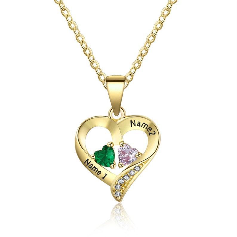 Collana Personalizzata In Argento Sterling Con Cuore E Due Nomi E Pietre Portafortuna Collana Personalizzata Con Cuore E Nome E Pietra Portafortuna Collana Con Cuore E Doppio Nome Inciso - 