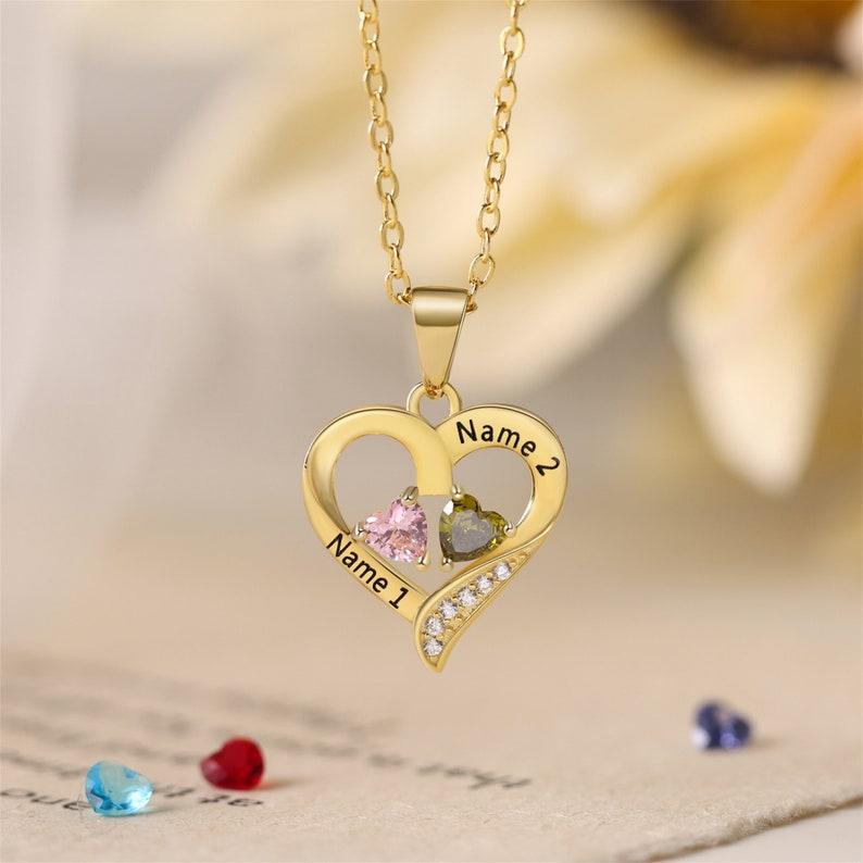Collana Personalizzata In Argento Sterling Con Cuore E Due Nomi E Pietre Portafortuna Collana Personalizzata Con Cuore E Nome E Pietra Portafortuna Collana Con Cuore E Doppio Nome Inciso - 