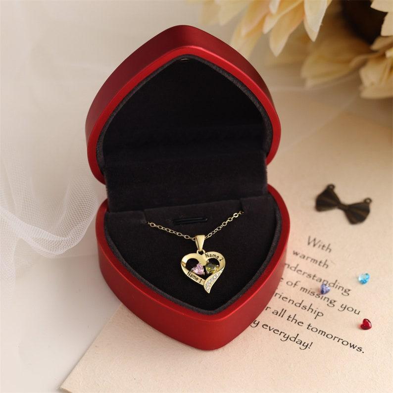 Collana Personalizzata In Argento Sterling Con Cuore E Due Nomi E Pietre Portafortuna Collana Personalizzata Con Cuore E Nome E Pietra Portafortuna Collana Con Cuore E Doppio Nome Inciso - 