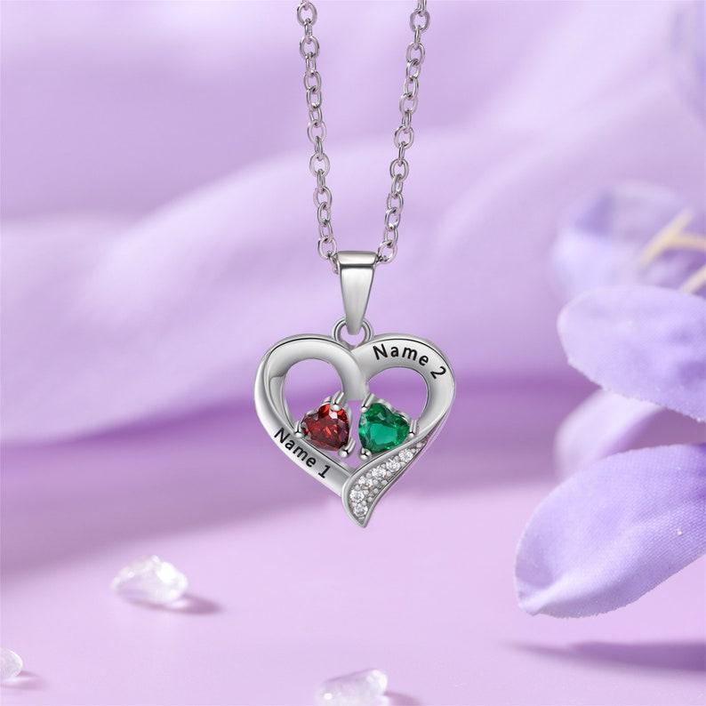 Collana Personalizzata In Argento Sterling Con Cuore E Due Nomi E Pietre Portafortuna Collana Personalizzata Con Cuore E Nome E Pietra Portafortuna Collana Con Cuore E Doppio Nome Inciso - 