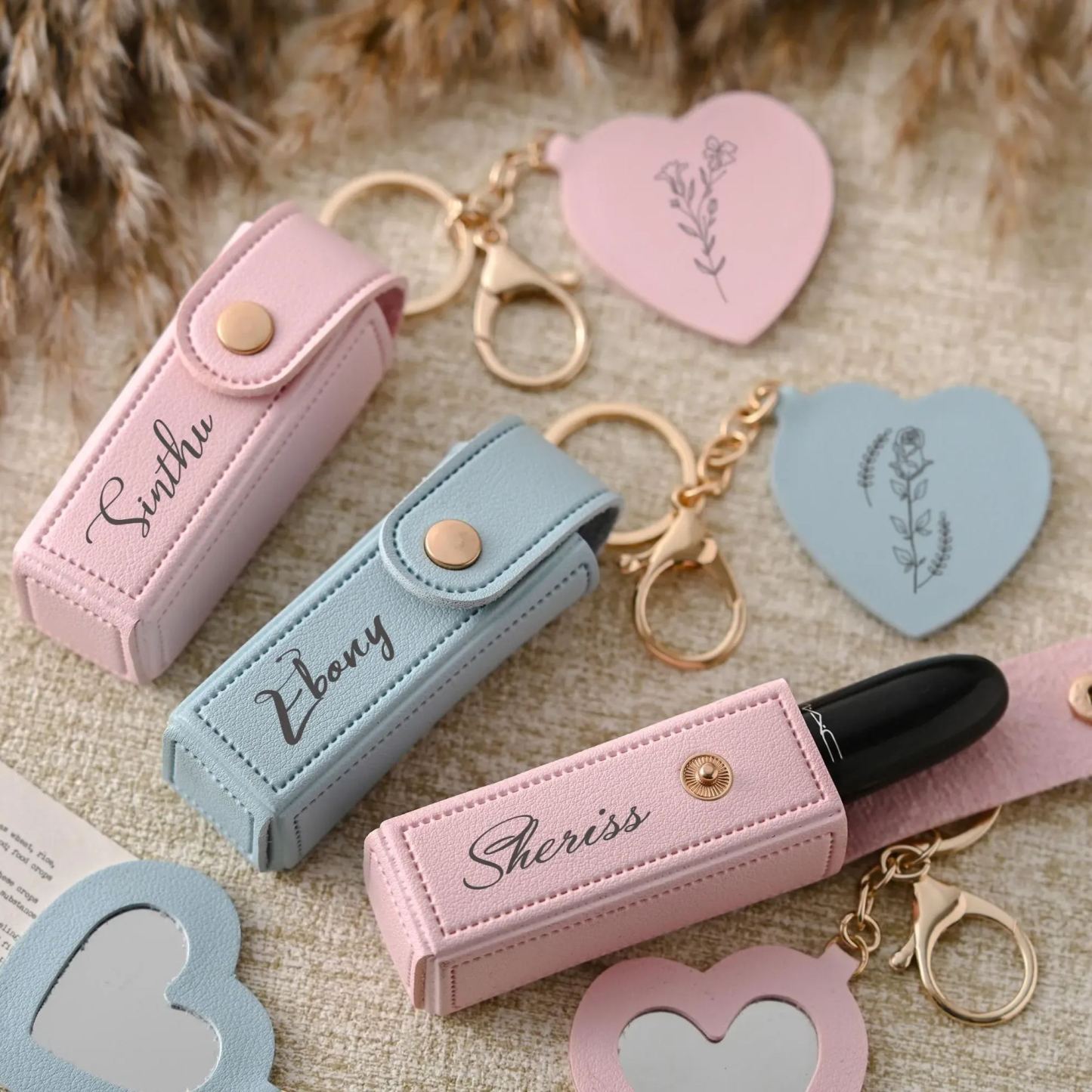 Portachiavi Personalizzato Con Borsa Per Rossetto, Nome Personalizzato, Borsa Porta Rossetto Anti-smarrimento, Custodia Per Rossetto Con Specchio, Regalo Per Lei - 
