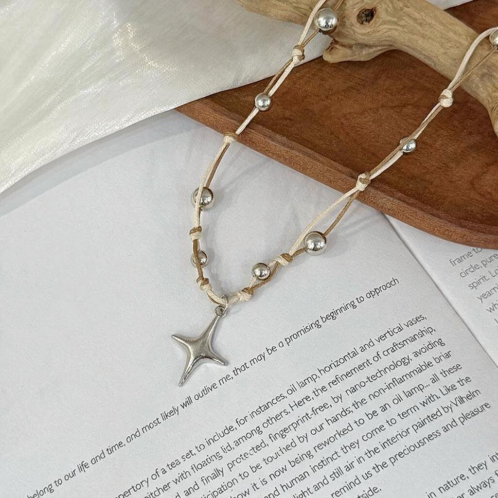 Collana Minimalista Con Stella A Quattro Punte Elegante Girocollo Con Catena Di Perline Gioielli Bohémien Per Le Donne - 