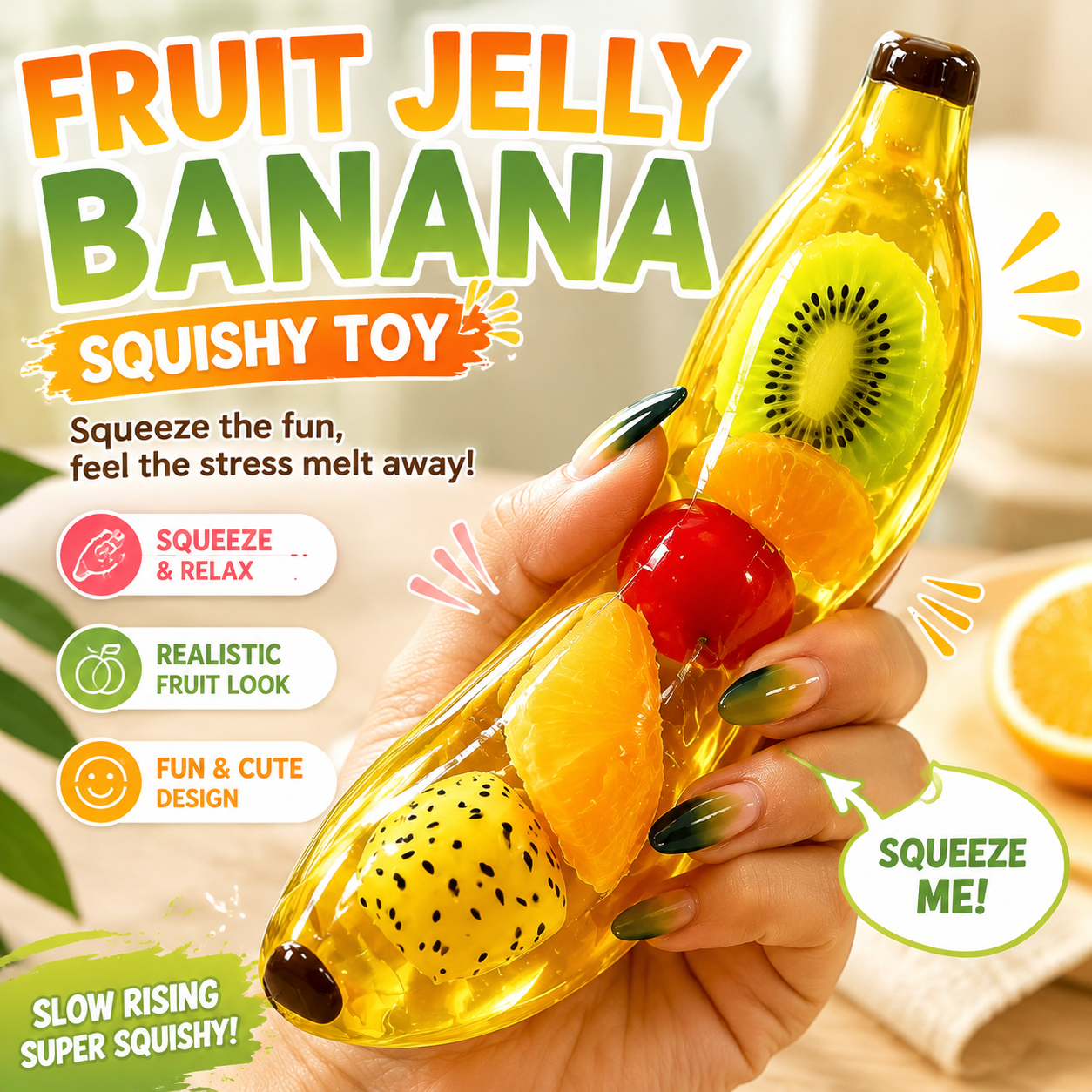 Giocattolo Squishy Realistico Con Gelatina Di Frutta E Banana | Giocattolo Antistress Riempito Di Frutta Trasparente Per Bambini E Adulti
