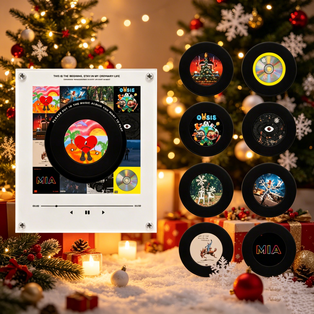 Mini Lecteur De Disques Vinyles Personnalisé Avec 9 Disques, Lecteur De Disques Magnétiques Et Batterie Rechargeable - Idée Cadeau De Noël - votrecollierprenomfr