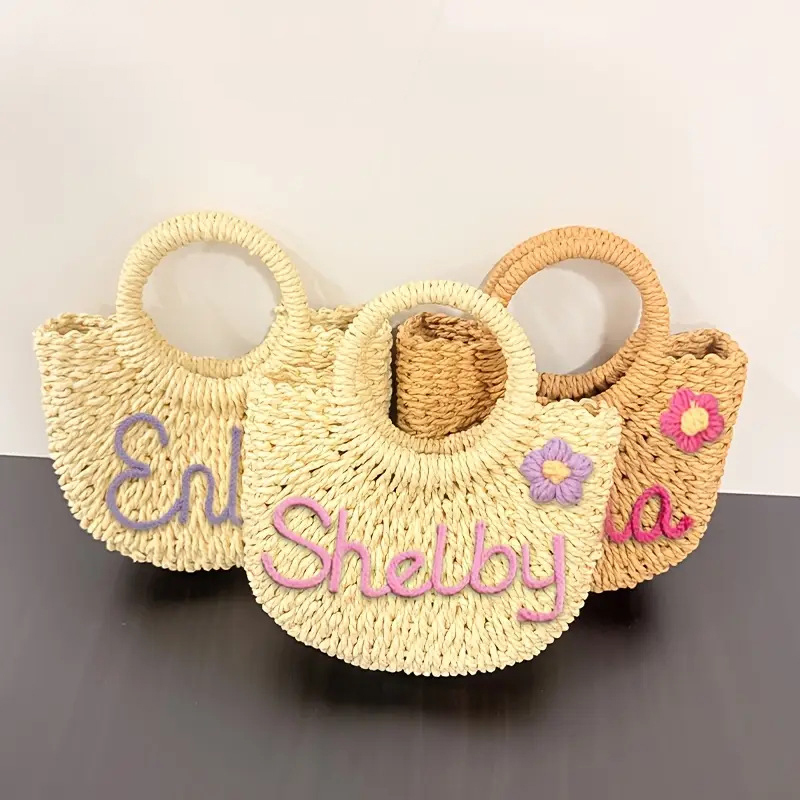 Sac De Plage En Paille Personnalisé Avec Nom, Sac Cabas Tressé En Paille Tissé À La Main, Accessoire De Plage Estival - votrecollierprenomfr
