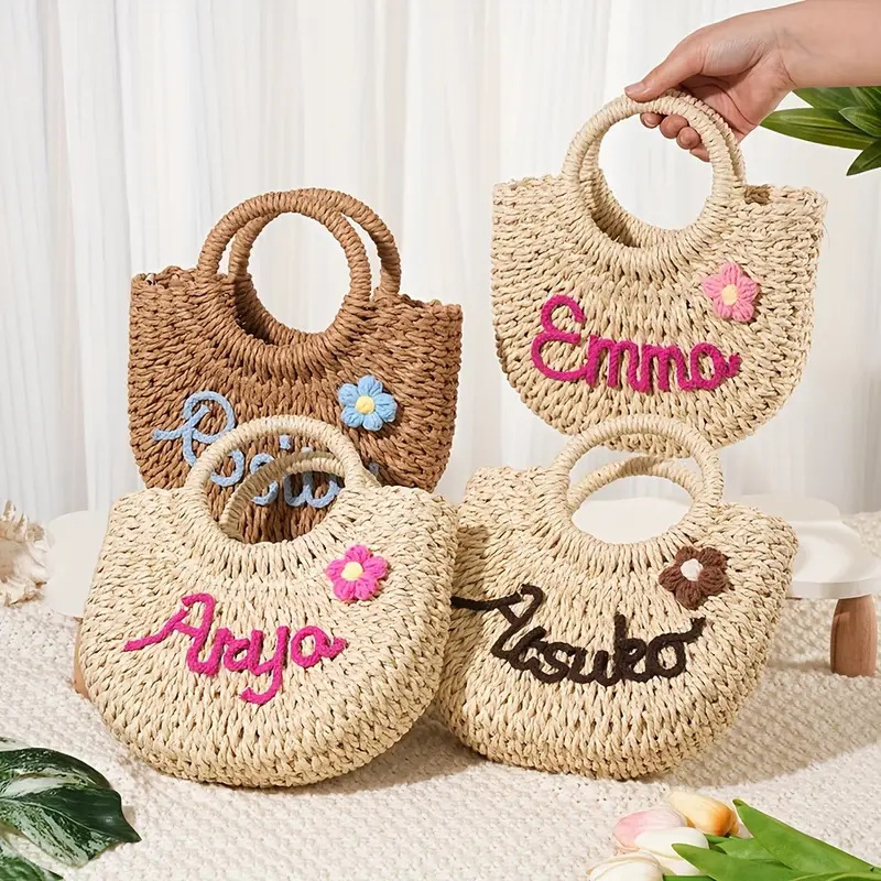 Sac De Plage En Paille Personnalisé Avec Nom, Sac Cabas Tressé En Paille Tissé À La Main, Accessoire De Plage Estival - votrecollierprenomfr