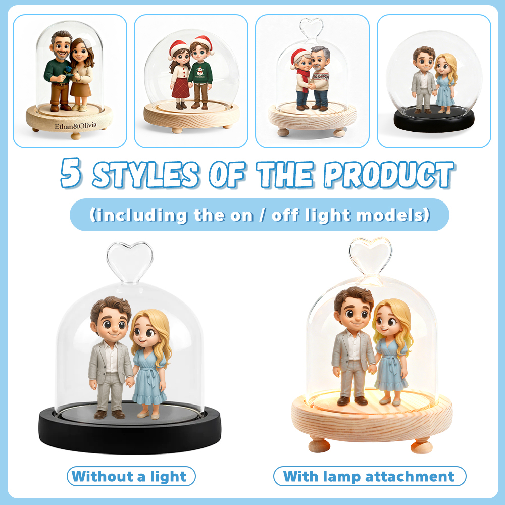Lampe De Nuit 3d Personnalisée Avec Figurine Articulée Et Socle Gravé À Partir De Votre Photo, Sous Cloche En Verre. Cadeau Unique Et Personnalisé Pour Votre Amoureux(se) Ou Pour Un Anniversaire. Idéale Pour La Saint-valentin. - votrecollierprenomfr