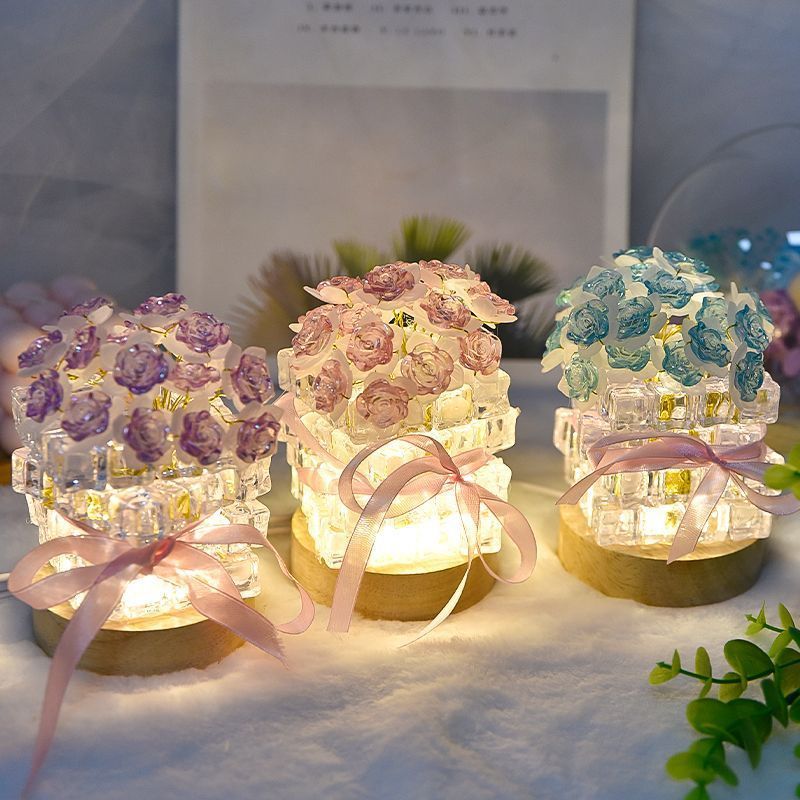 Veilleuse Rose Cristal, Lampe De Bureau Usb, Bouquet De Fleurs Translucides, Lampe D'ambiance Led, Mini Veilleuse Bouquet De Roses, Cadeau De Saint-valentin - votrecollierprenomfr