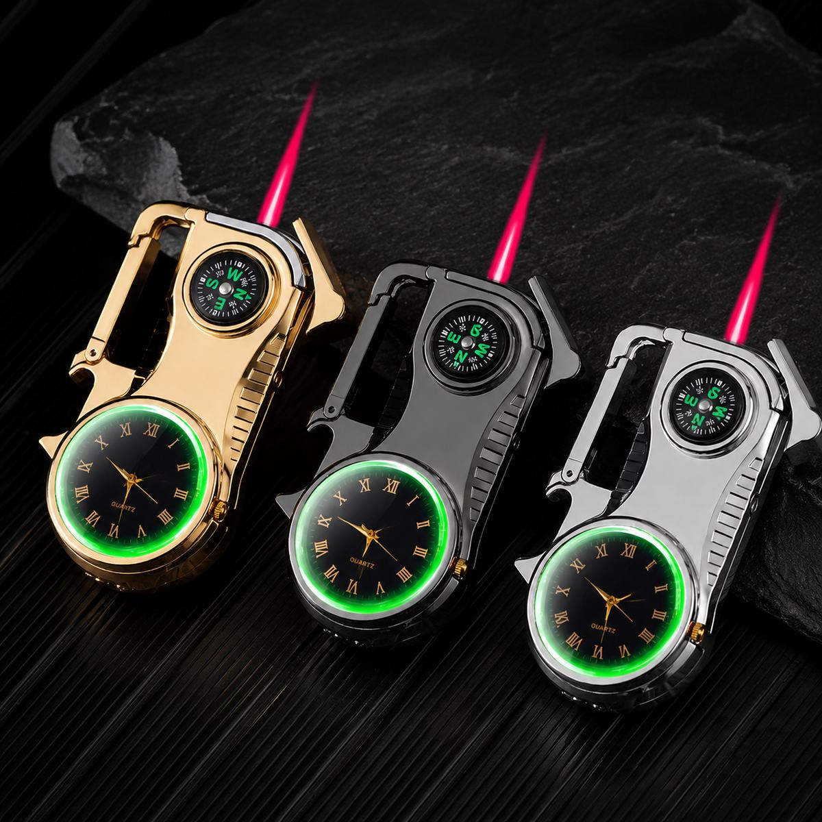 Porte-clés Multifonction Extérieur 5 En 1, Mousqueton De Survie, Avec Montre, Boussole, Ouvre-bouteille, Briquet Tactique Multifonction - votrecollierprenomfr
